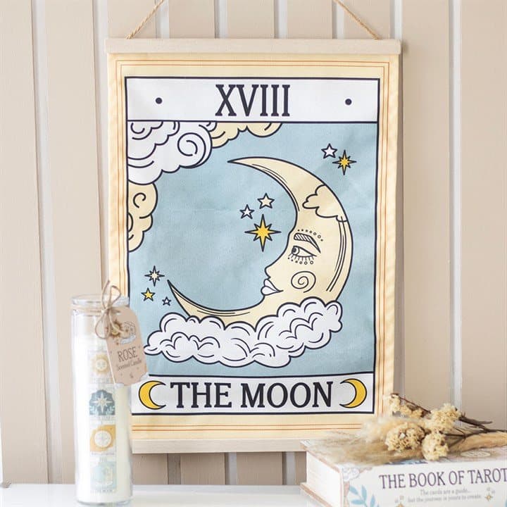Cotton wall hanging of The Moon tarot card on a twine loop
