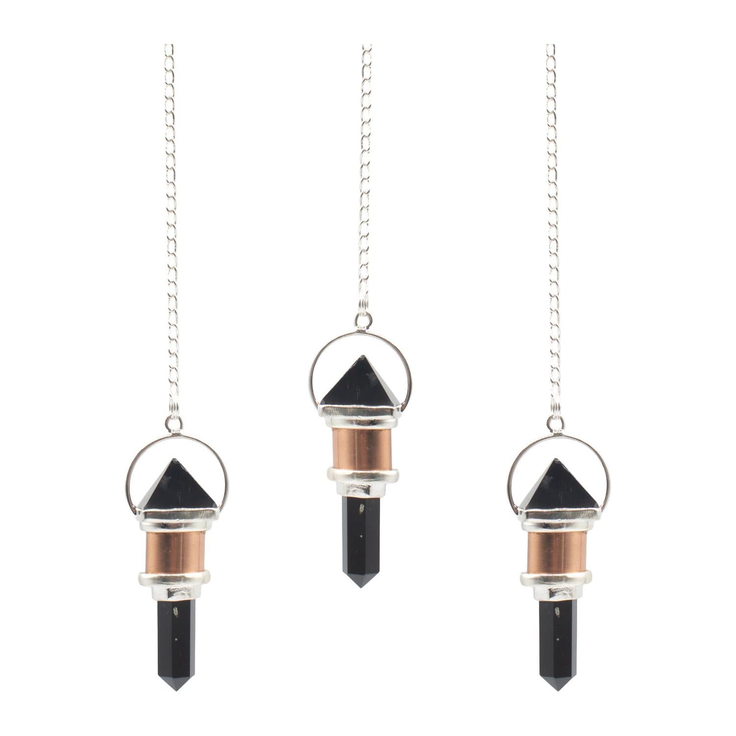 Obsidian pendulum with copper-tone section and pointed crystal base