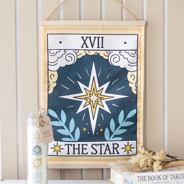Cotton The Star tarot card wall hanging with celestial design and twine loop
