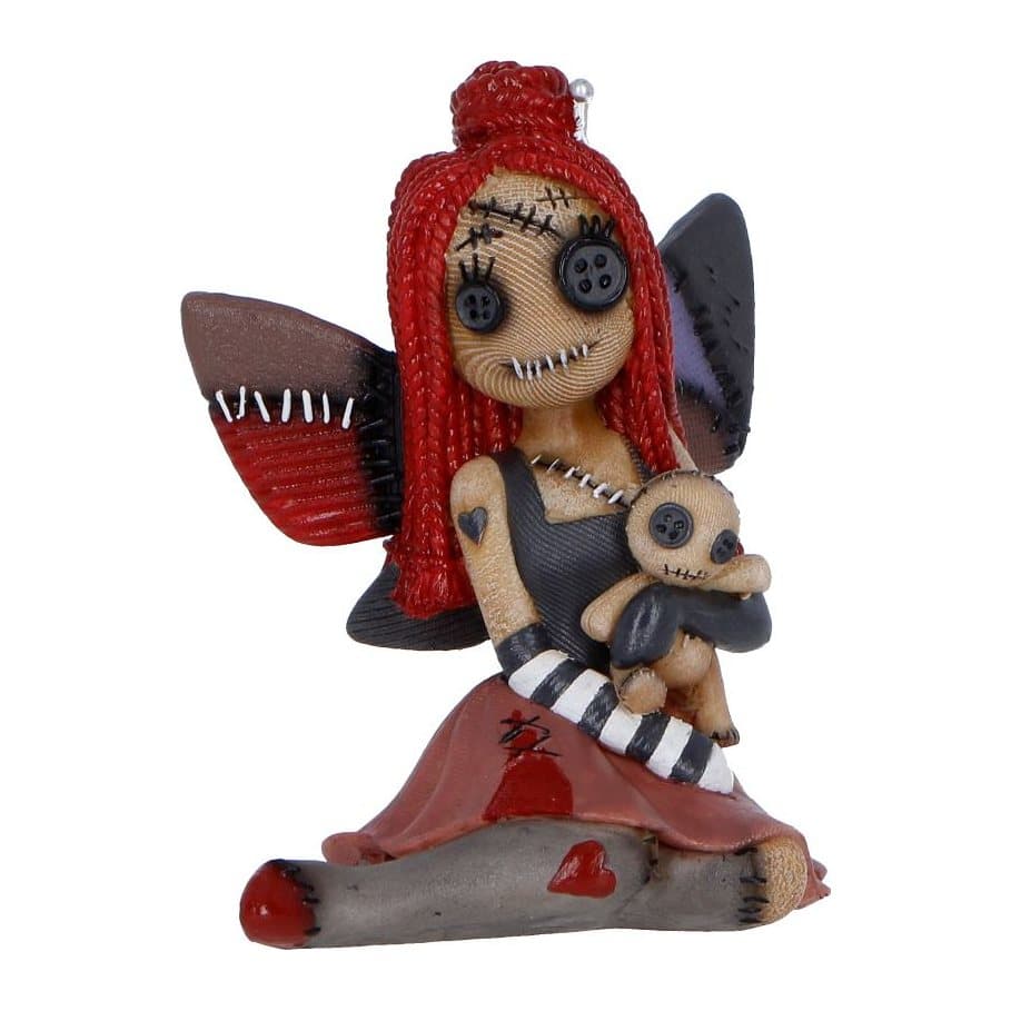 Fairy-like voodoo doll figurine with red hair and stitched wings holding a teddy