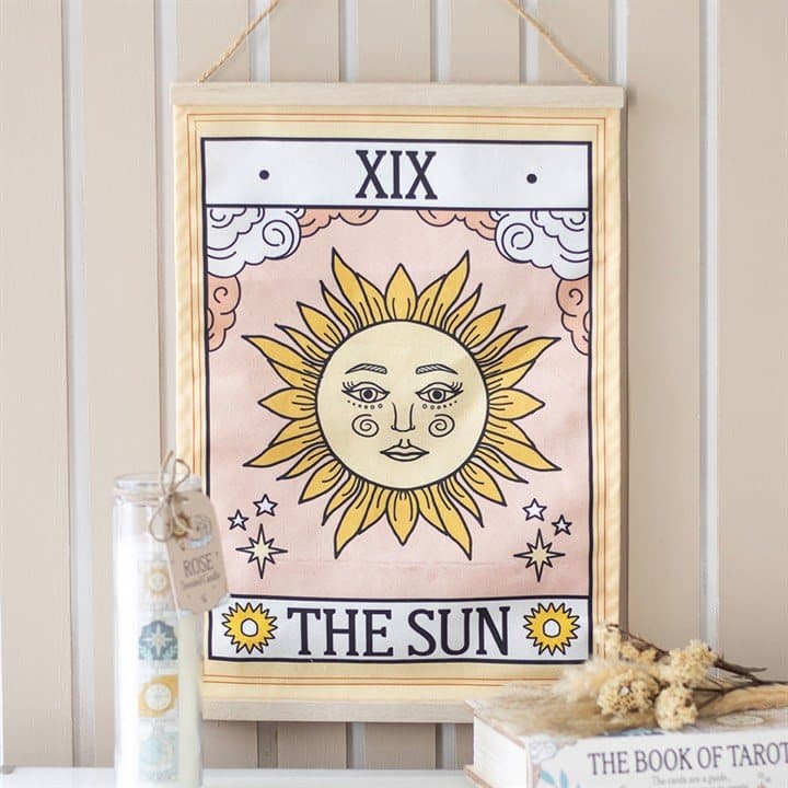 The Sun tarot card fabric wall hanging with a twine loop