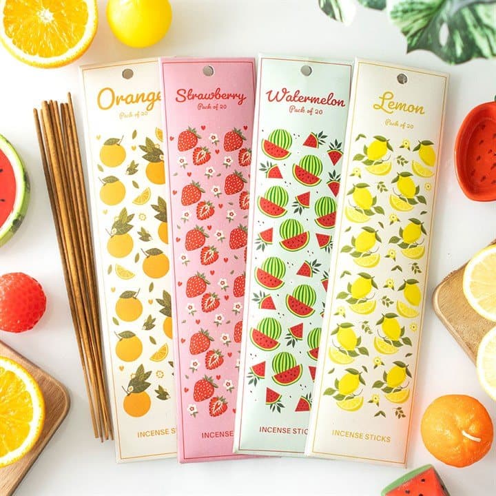 Colour cardboard box holding four packs of Tutti Frutti fruity incense sticks