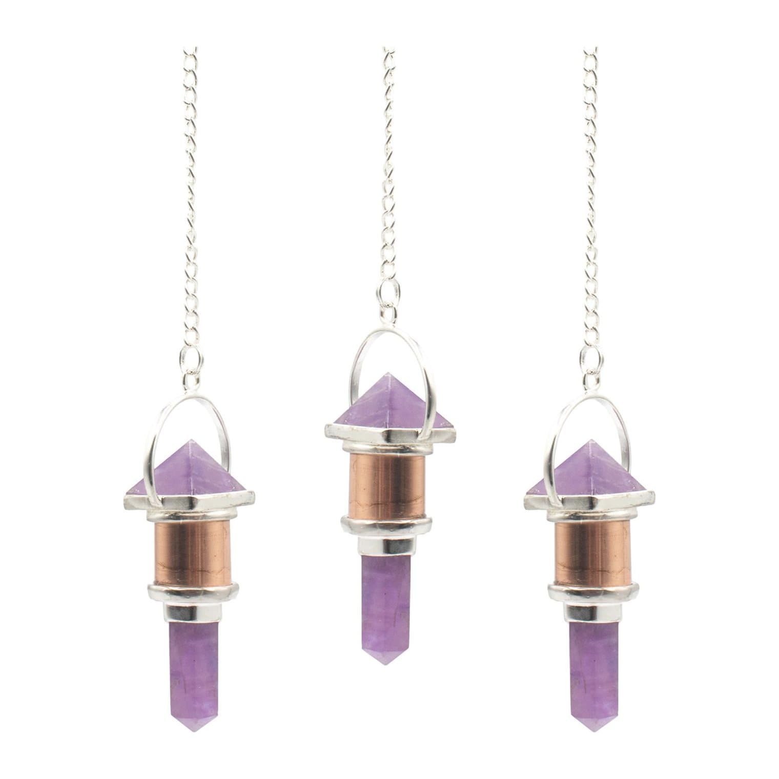 Amethyst pendulum with copper-tone detail and pointed crystal end
