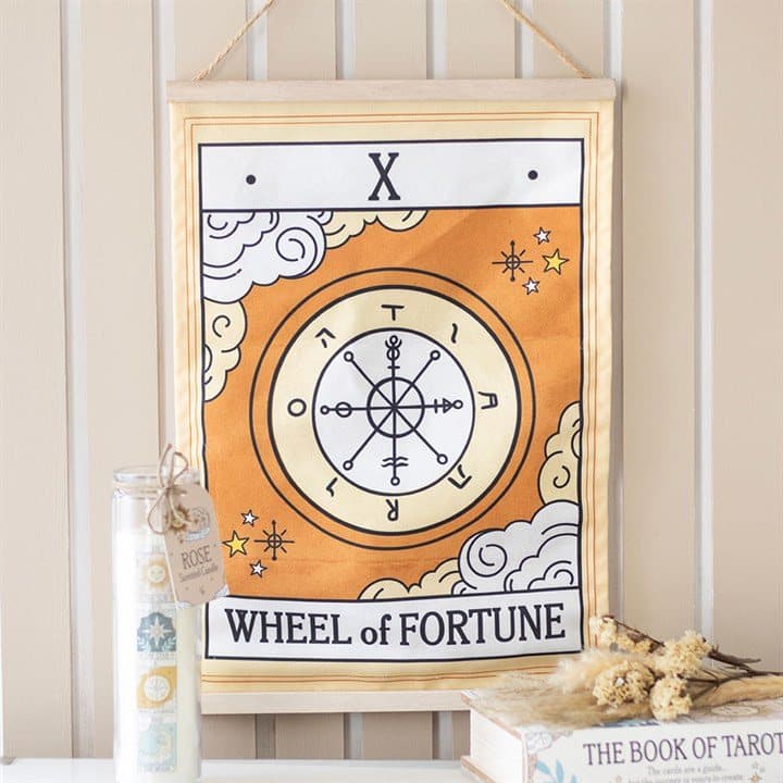 Wheel of Fortune tarot card cotton wall hanging with celestial design