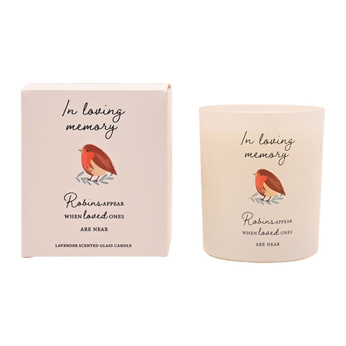 In loving memory candle with a robin illustration