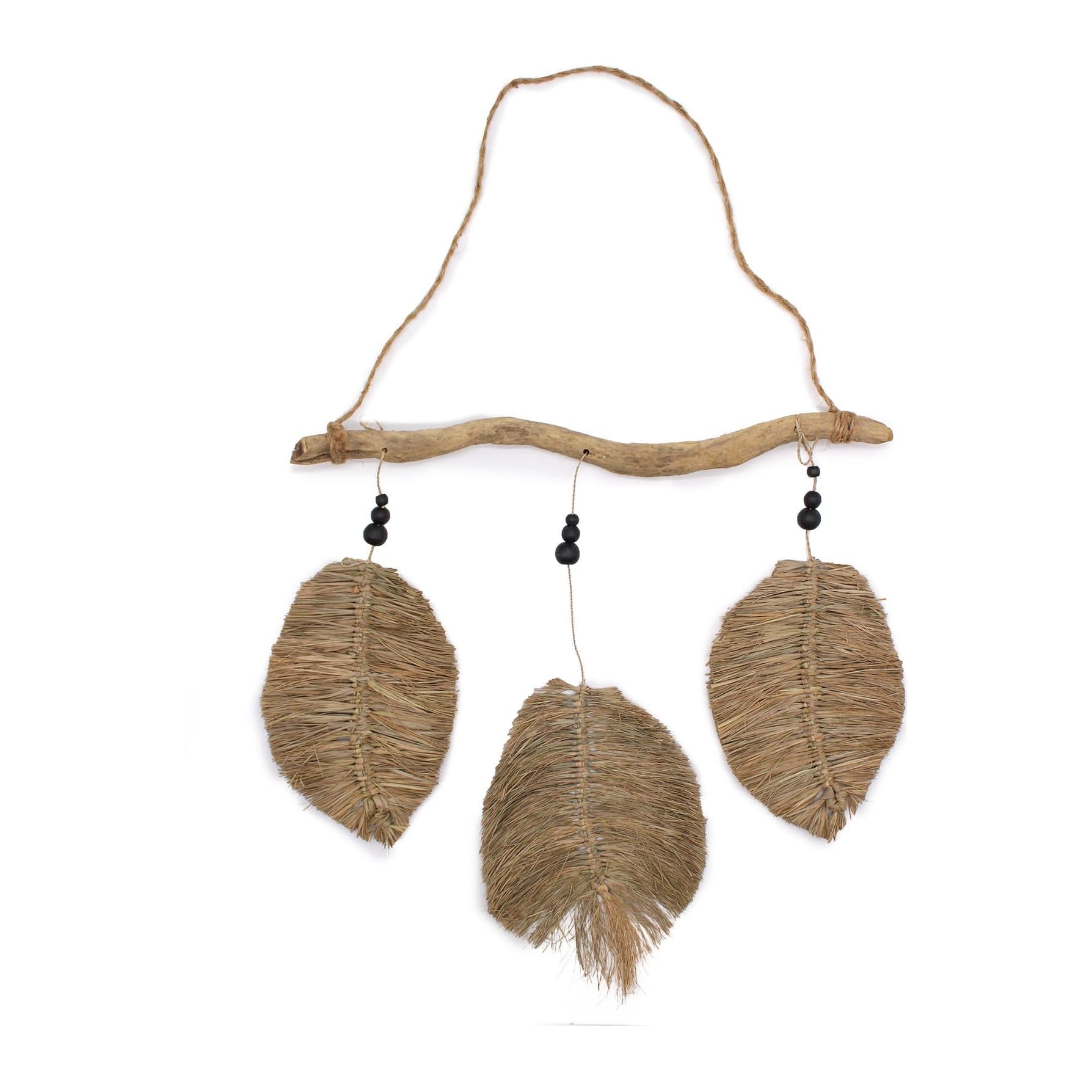 Three raffia leaves wall art with beads and driftwood