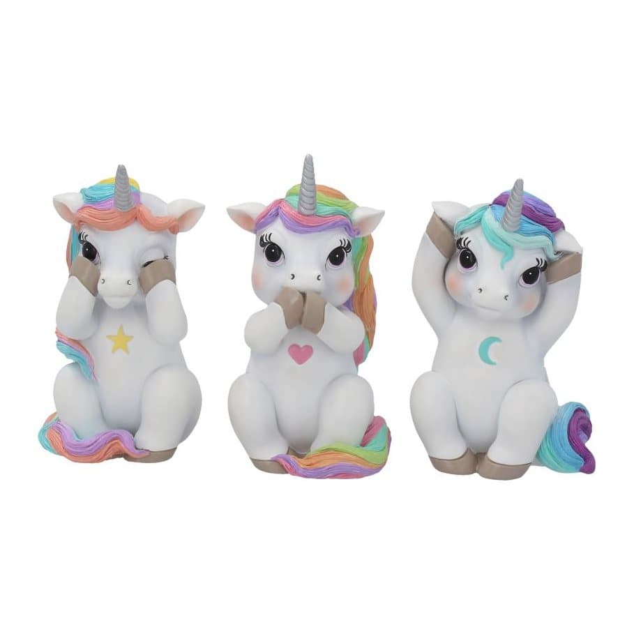 Three cute unicorn figurines covering eyes, mouth and ears