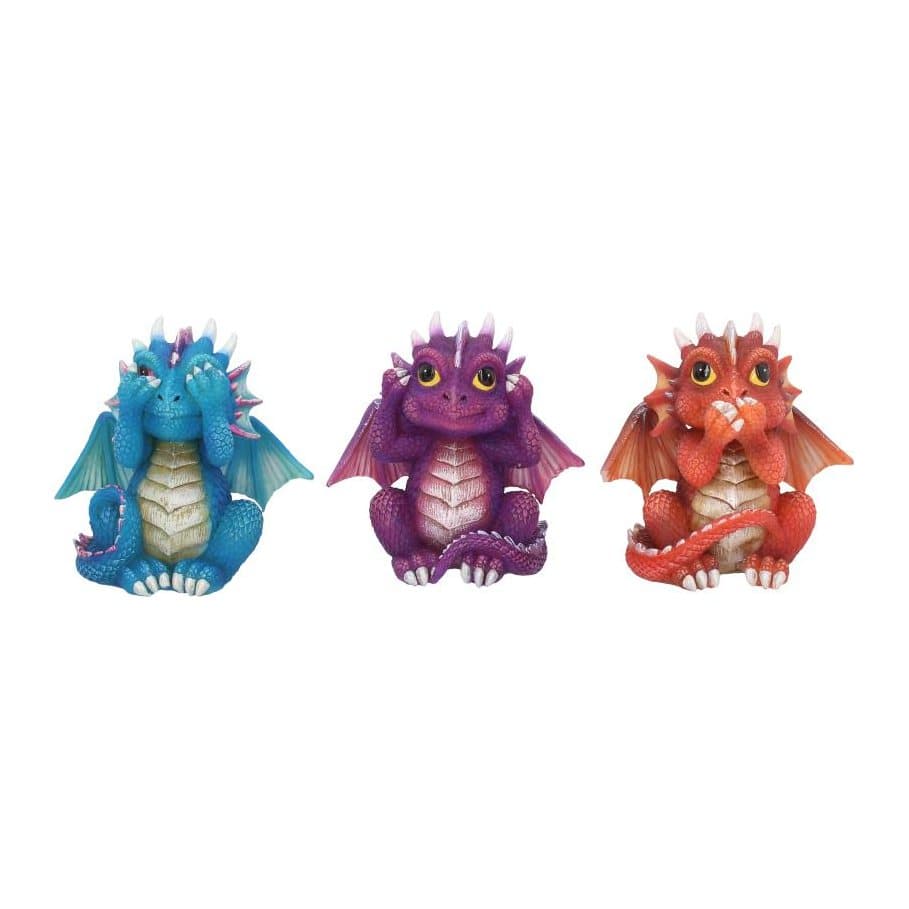 Three baby dragon figurines in blue, purple and red