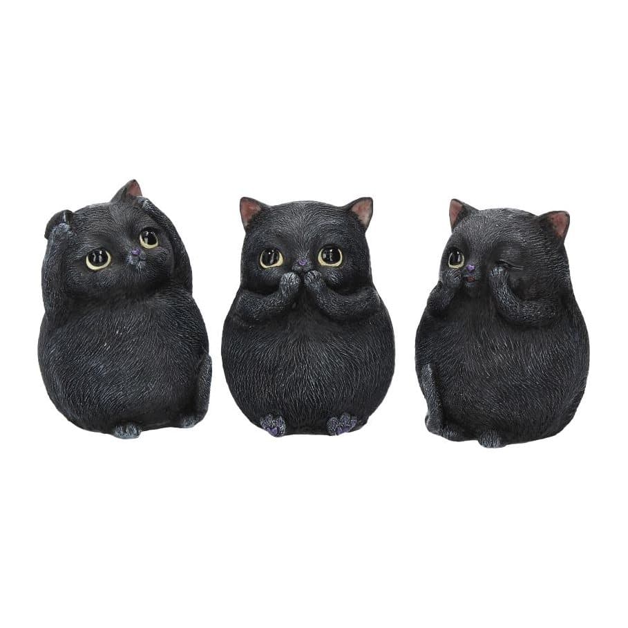 Three fat cat figurines side by side, paws over mouth, ears and eyes