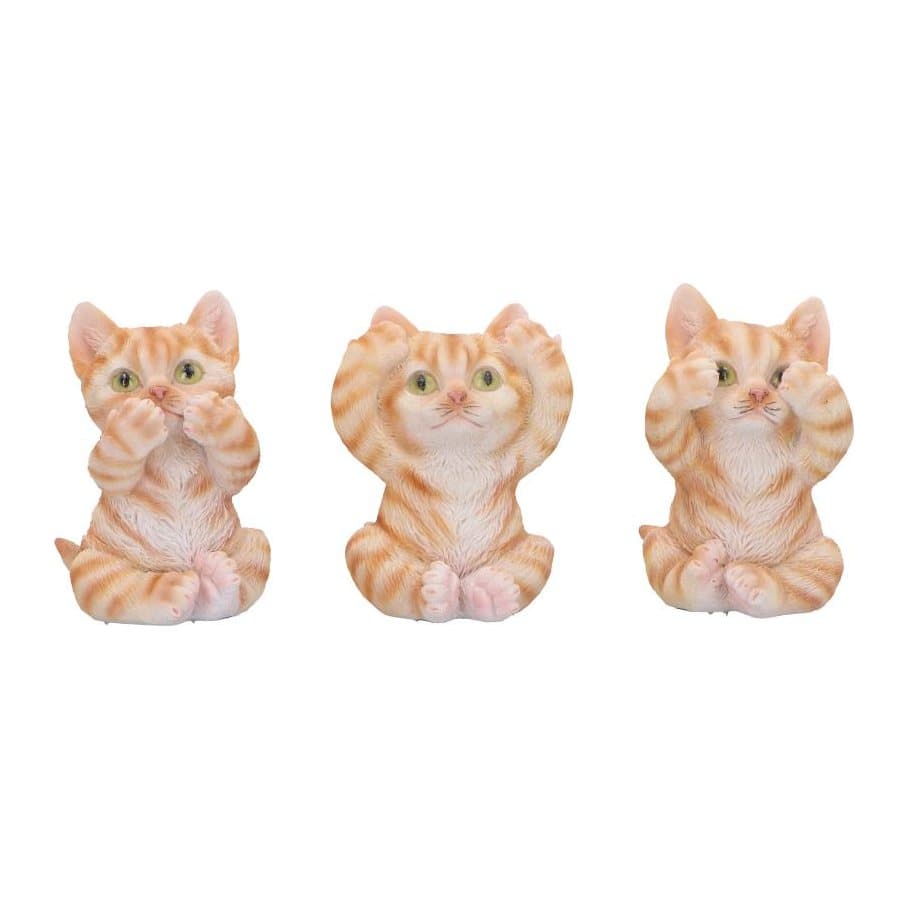 Set of three ginger cat figurines in see no, hear no, speak no poses