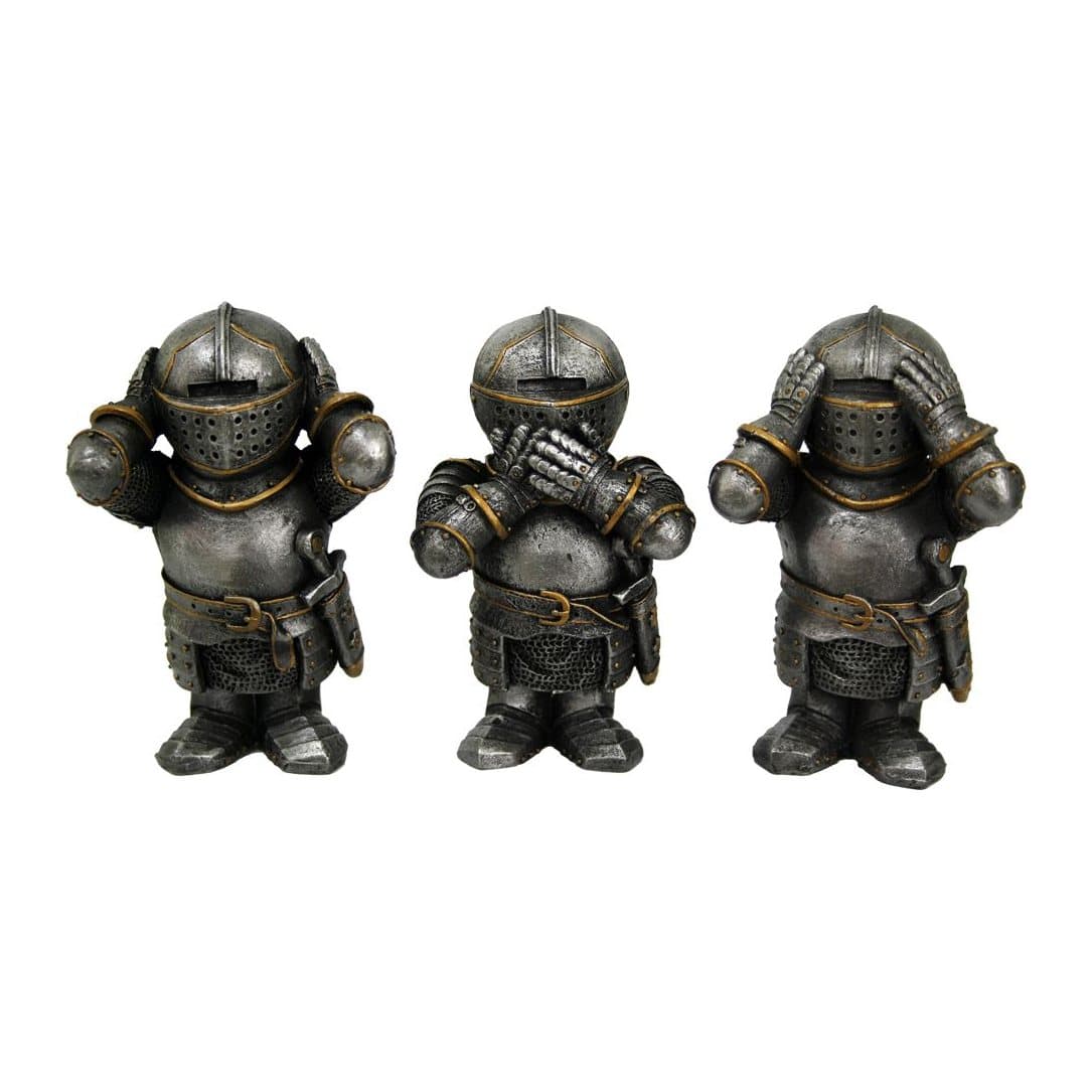 Three knights in iron plate armour with hands on helmets and eyes