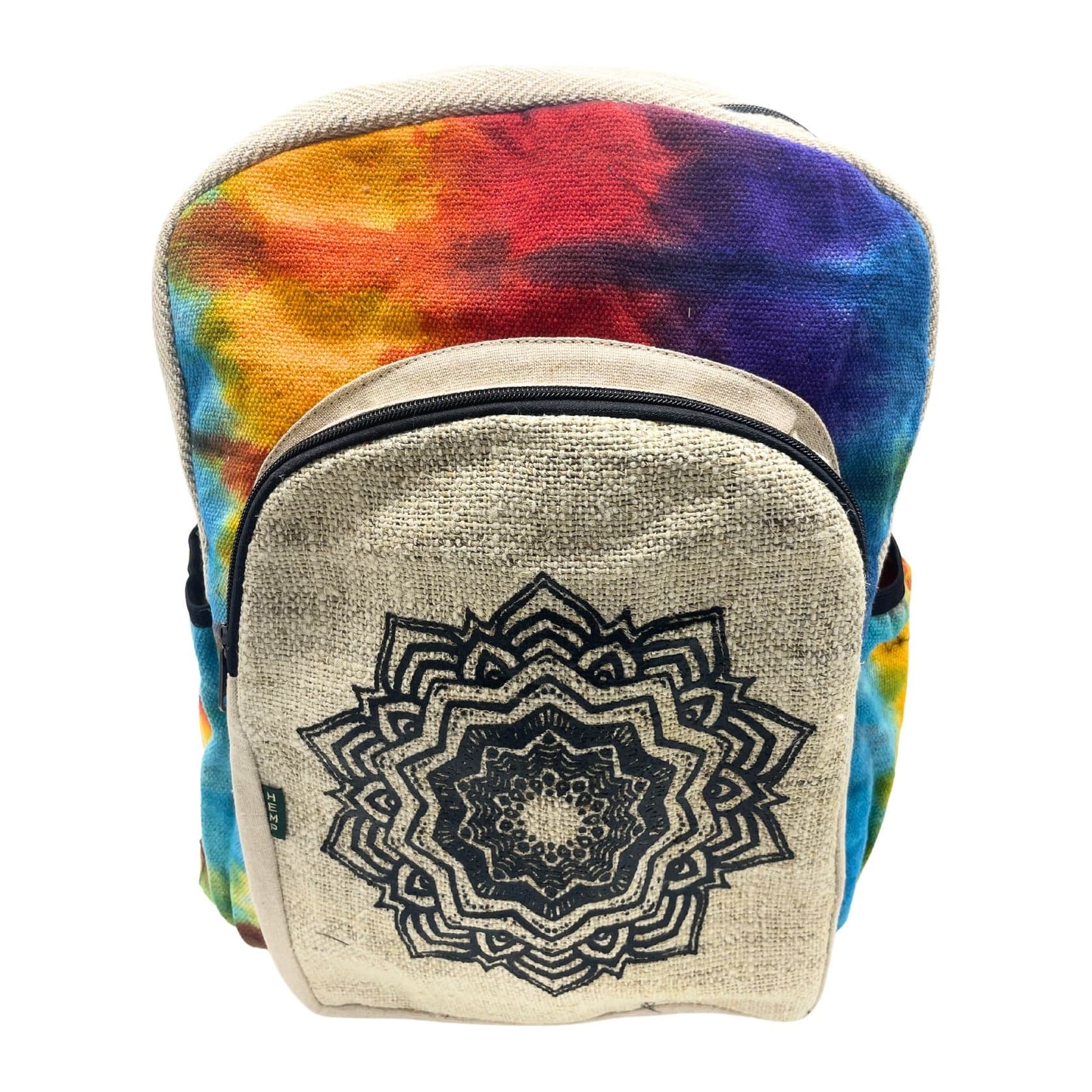 Large tie-dye hemp backpack with a mandala design