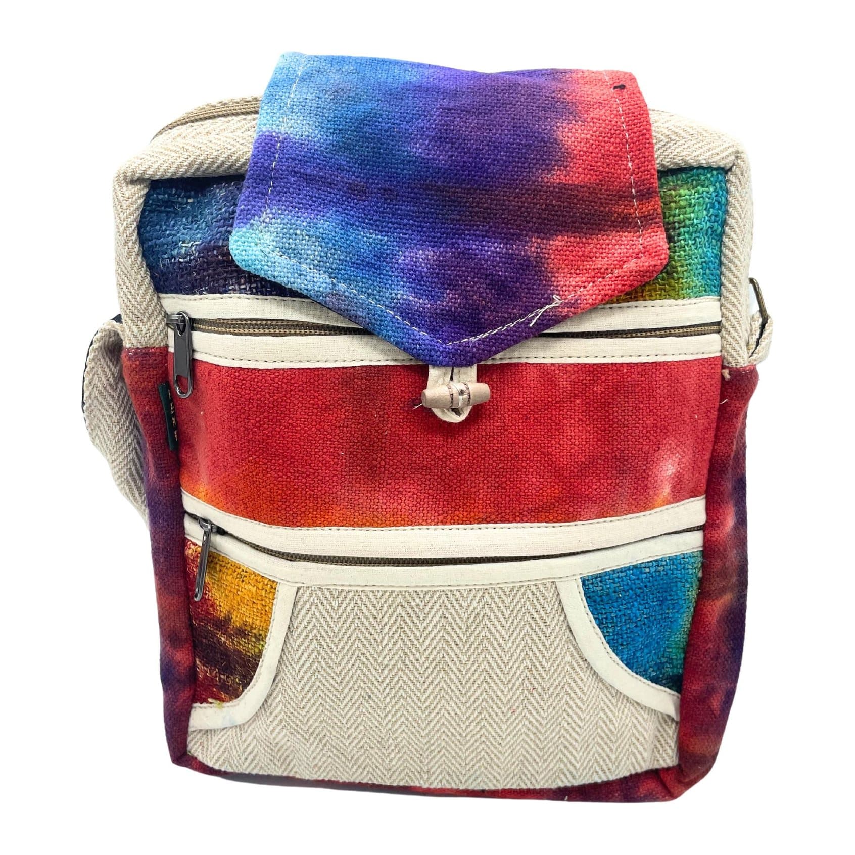 Tie-dye hemp messenger bag with two zips and a flap