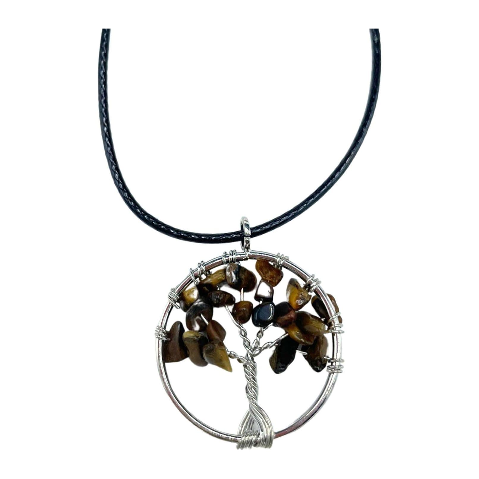 Tree of Life pendant holding a golden-brown tiger eye gemstone