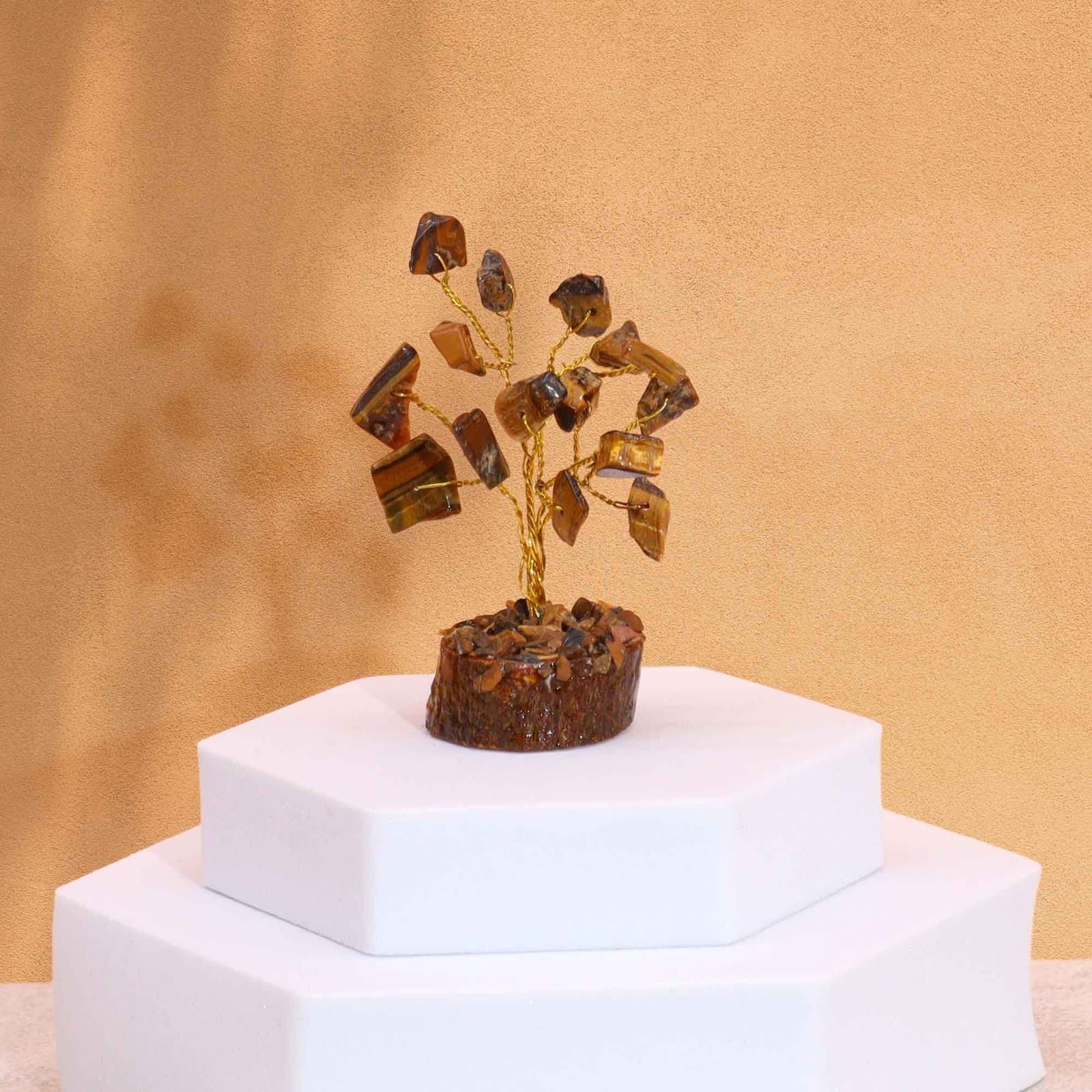 Mini tiger eye gemstone tree on a wood base