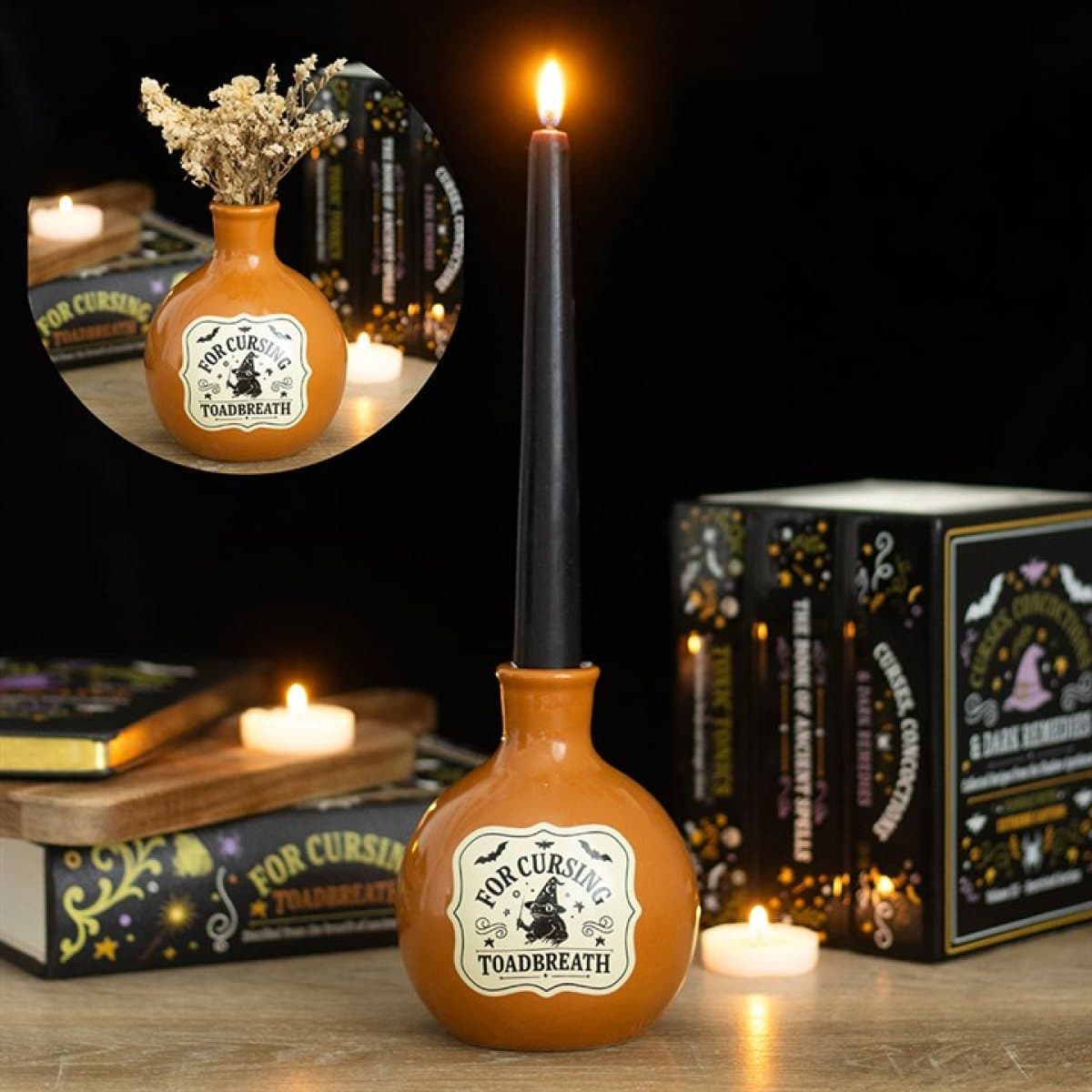 Mini ceramic potion bottle with Toadbreath wording, used as vase or candle holder
