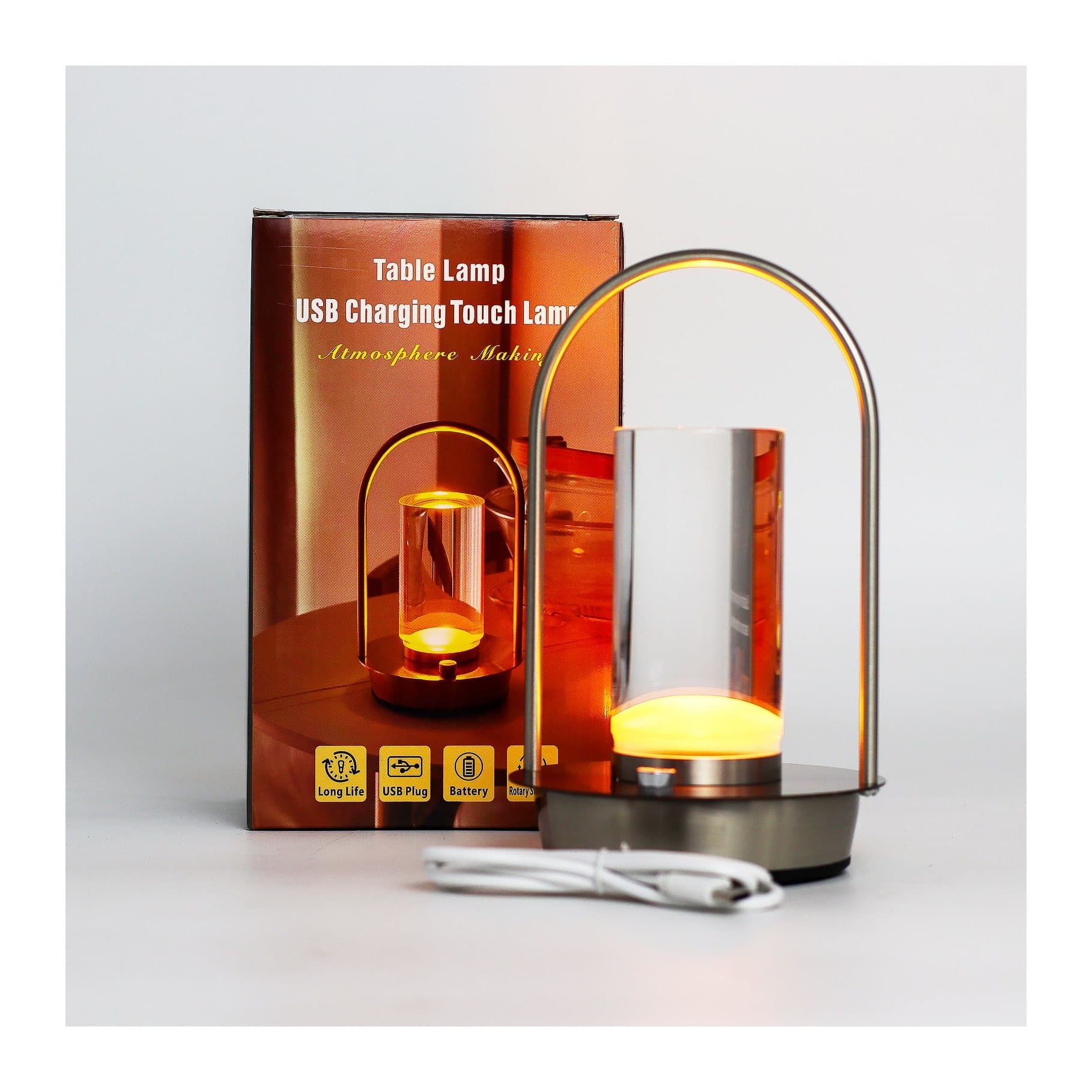 Lantern-style touch lamp with a transparent glass body and warm LED light