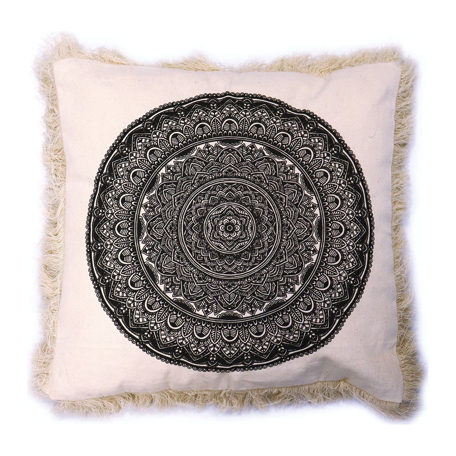 Black cotton cushion cover with a traditional circular mandala pattern