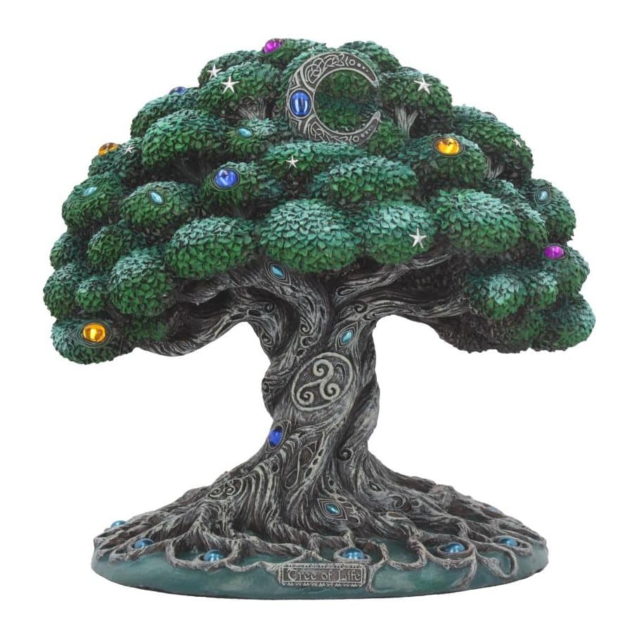 Hand-painted resin Tree of Life ornament with silvery roots under the moon