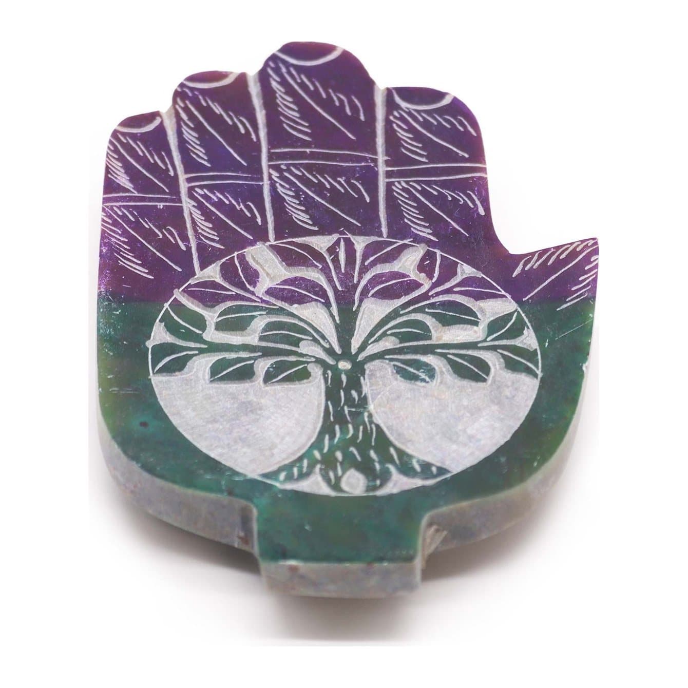 Soapstone hamsa incense holder with a Tree of Life design