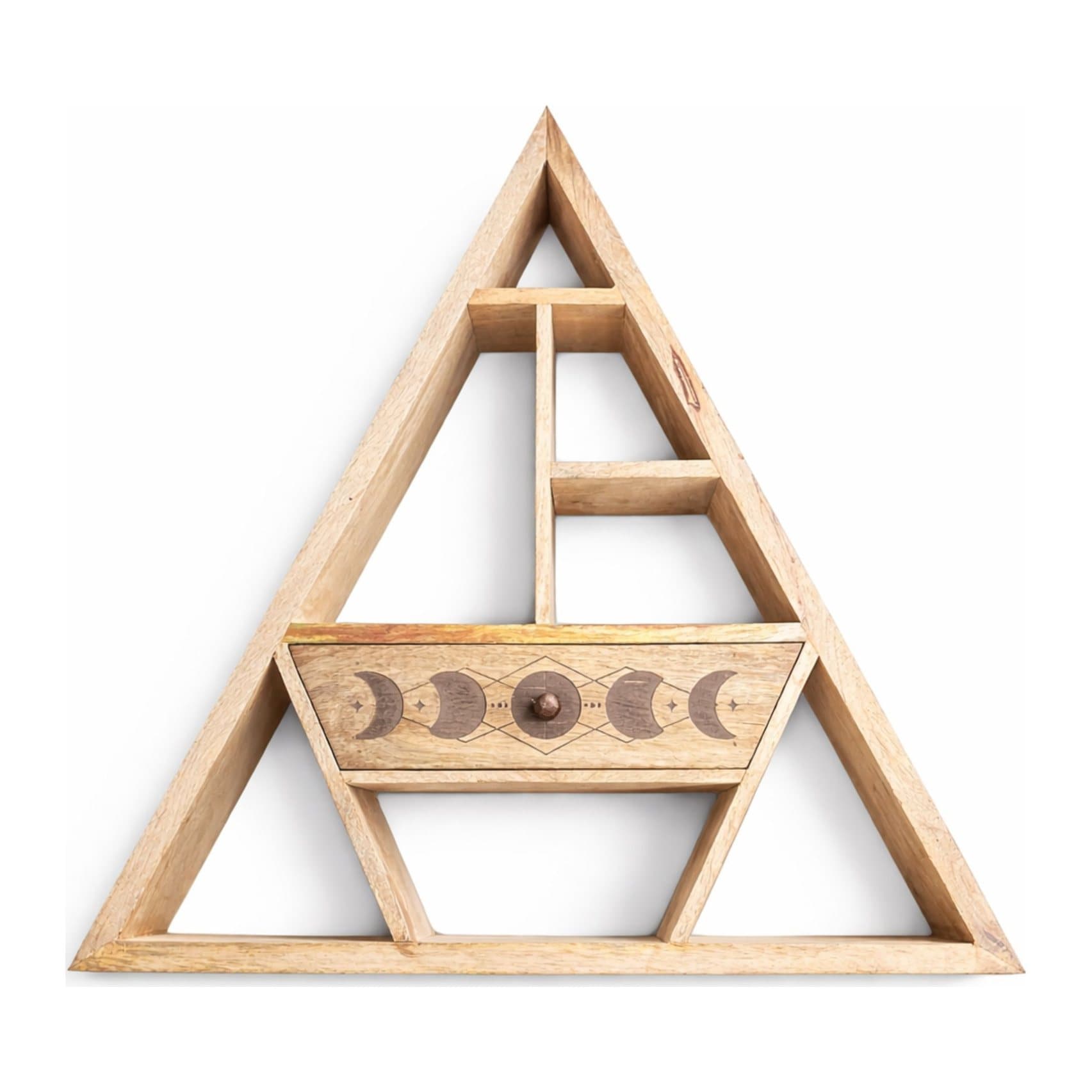 Mango wood wall shelf in a triangle shape with a carved moon phase drawer