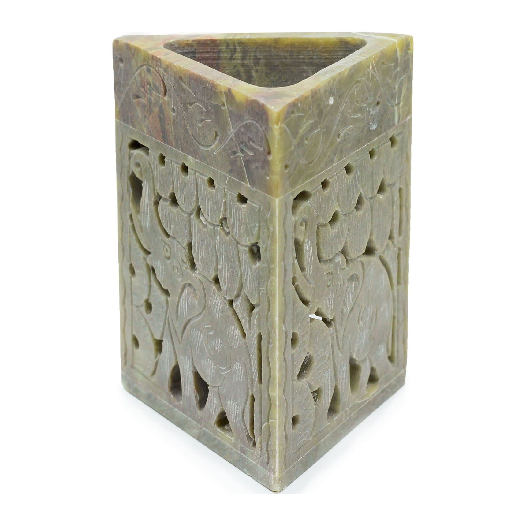 Triangle soapstone oil burner carved with elephants