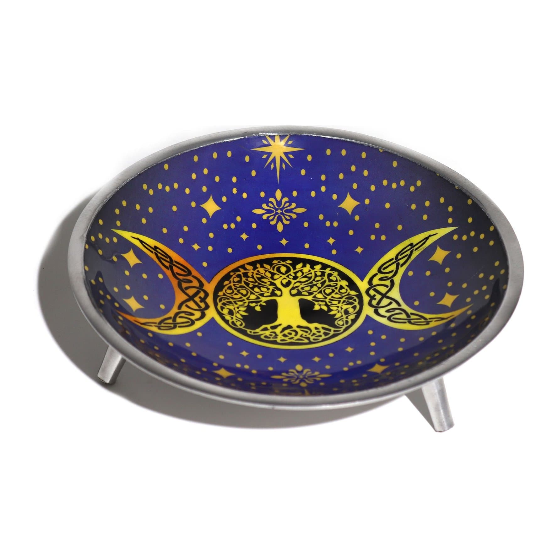 Triple Moon ritual vessels including an enamelled plate, goblets and a cauldron