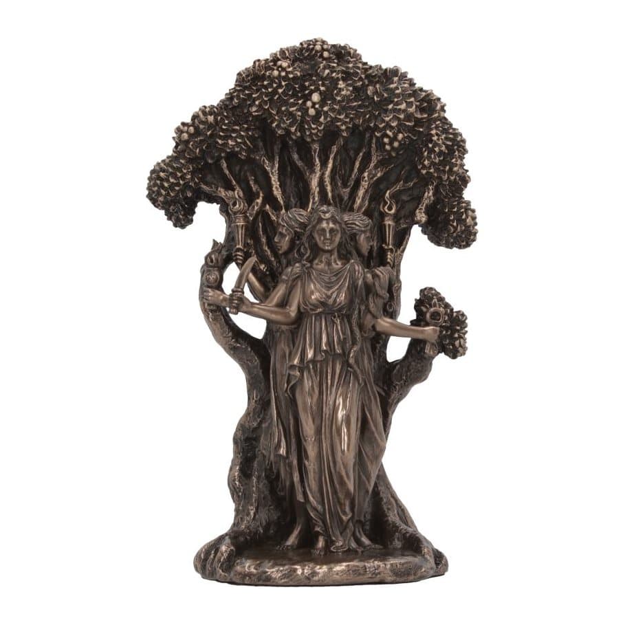 Bronze-finished figurine of three goddesses standing back to back beneath a tree