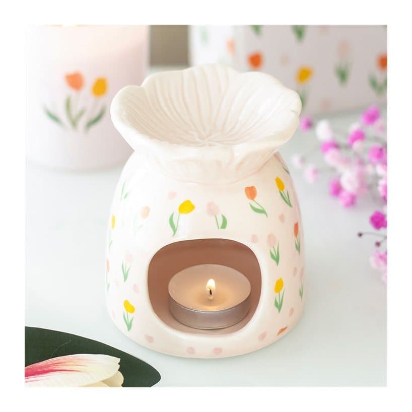 Ceramic oil burner and wax warmer with a colourful tulip print