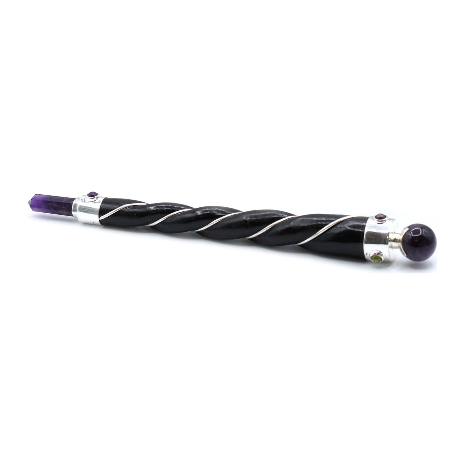 Twisted crystal wand with a silver amethyst sphere