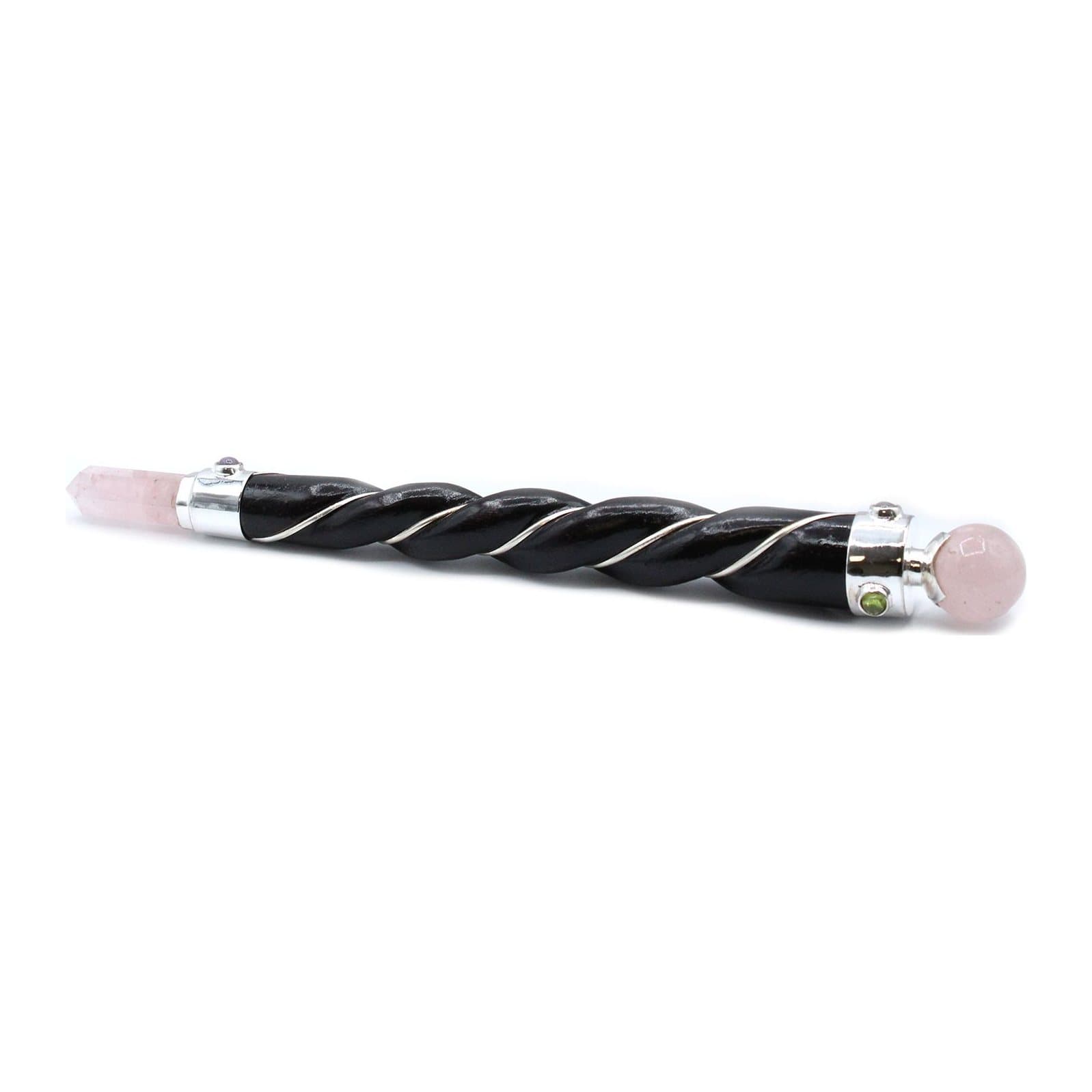 Twisted teak wood wand with silver plating and a rose quartz sphere