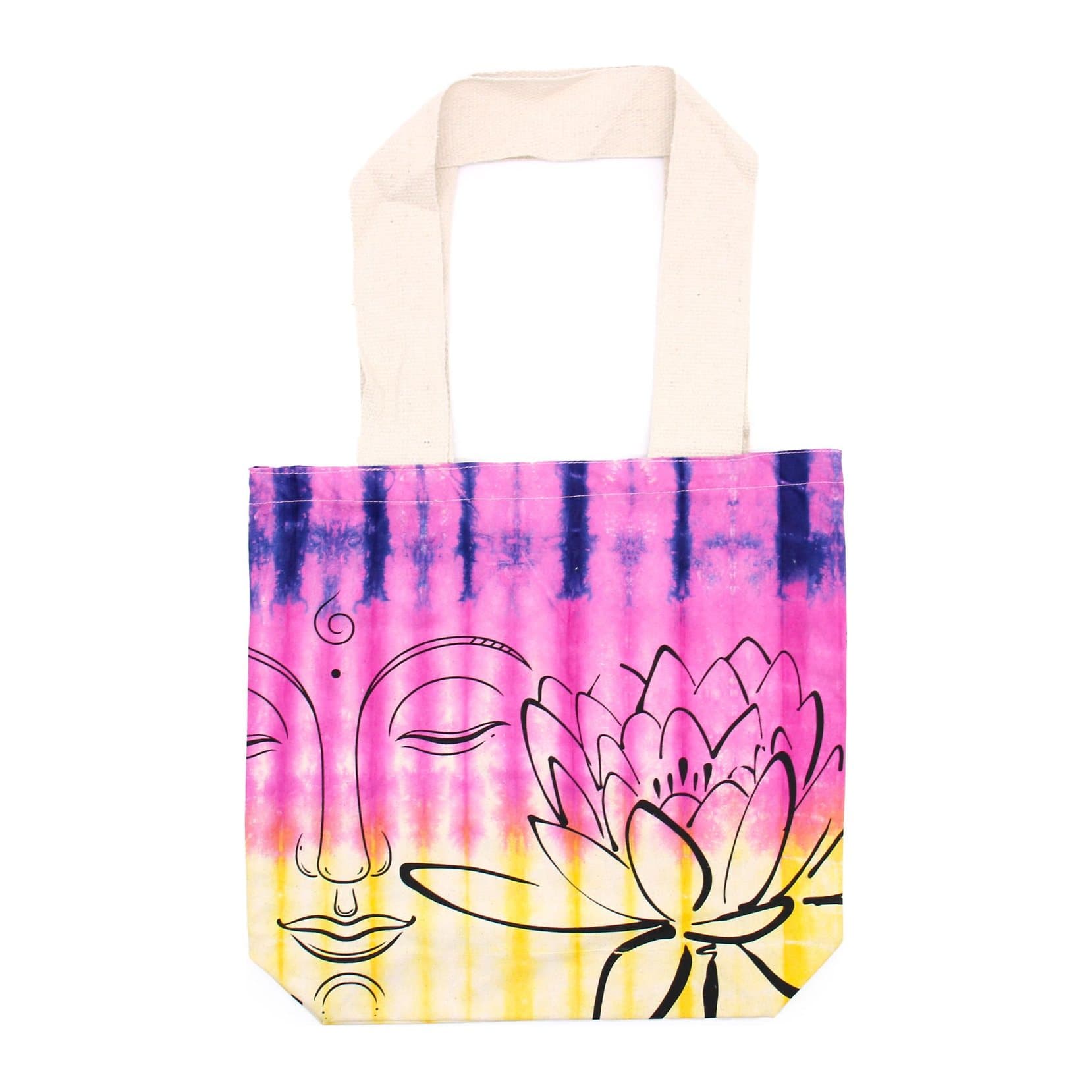 Tie-dye cotton bag with a lotus Buddha pattern and natural handle