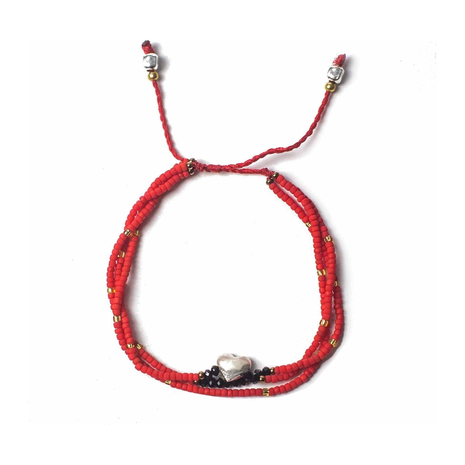 Red string bracelet with beads and a silver heart