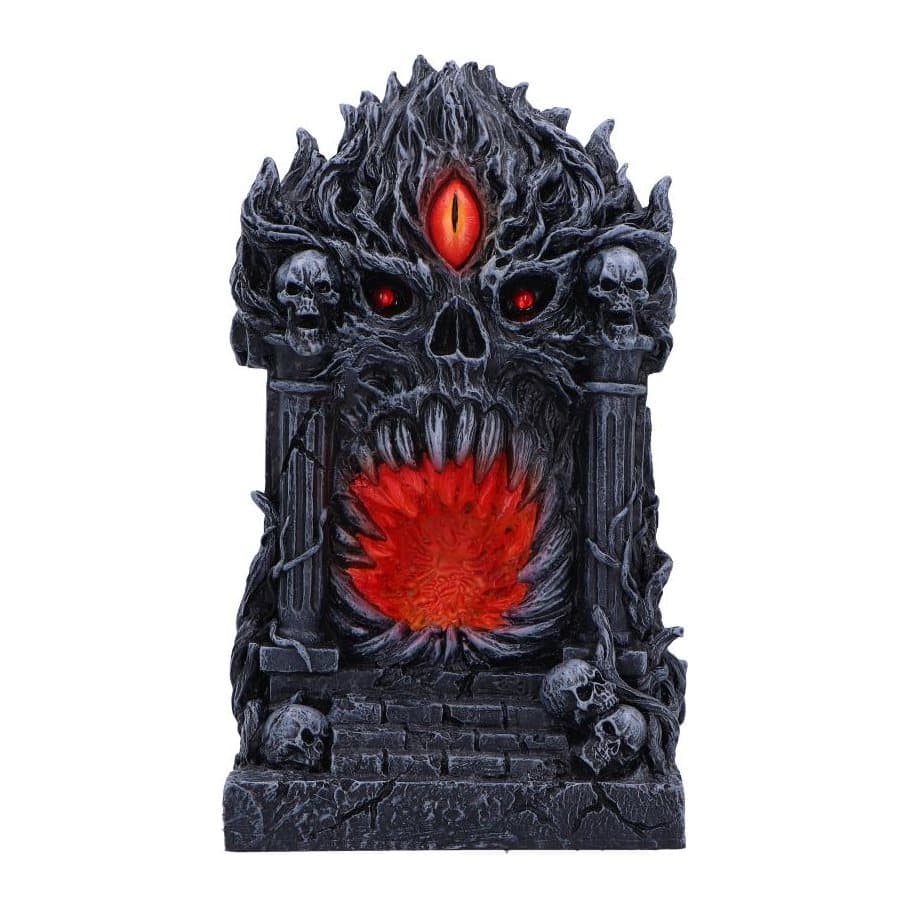 Gothic skull with open mouth and a fiery red LED glow inside, resin ornament