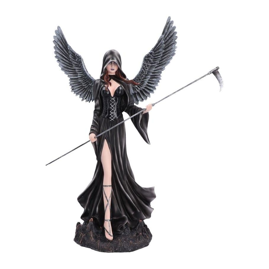 Gothic angel figurine in a black dress with grey wings and a hood