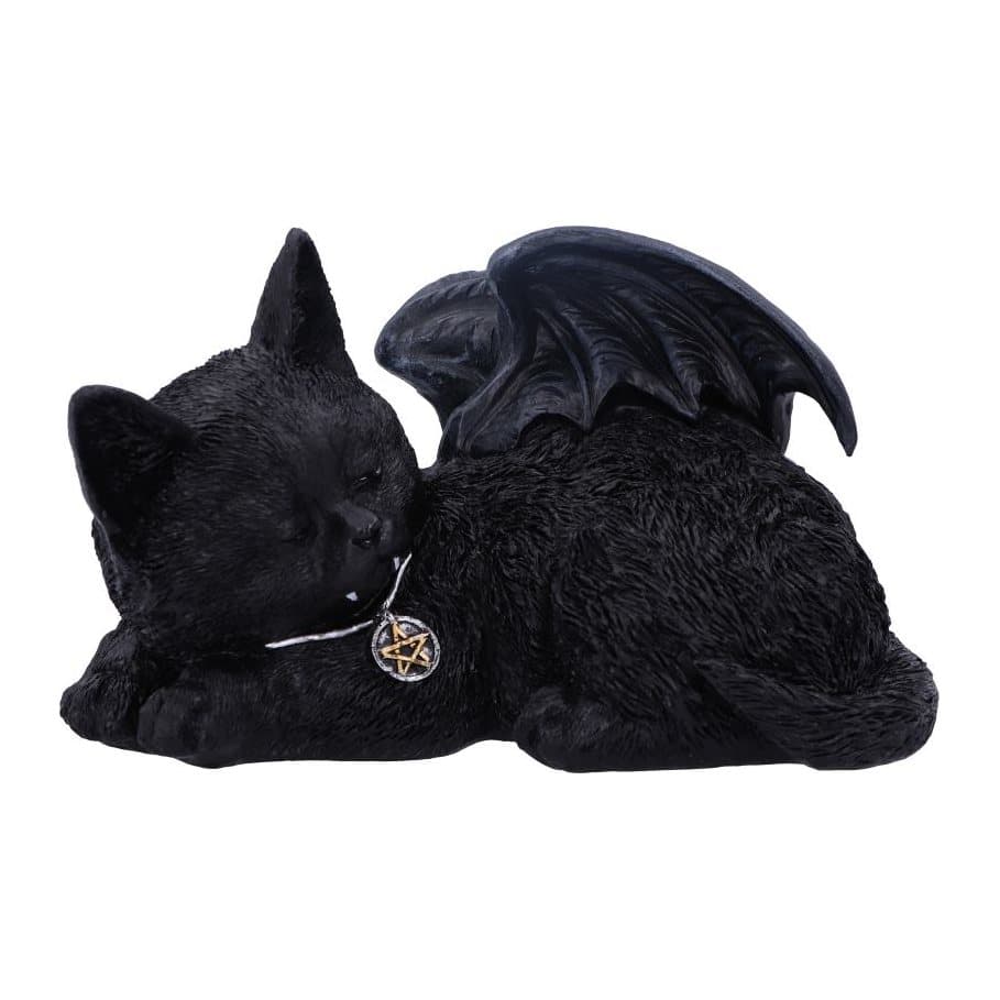 Black vampire cat figurine curled in a ball with bat wings and fangs