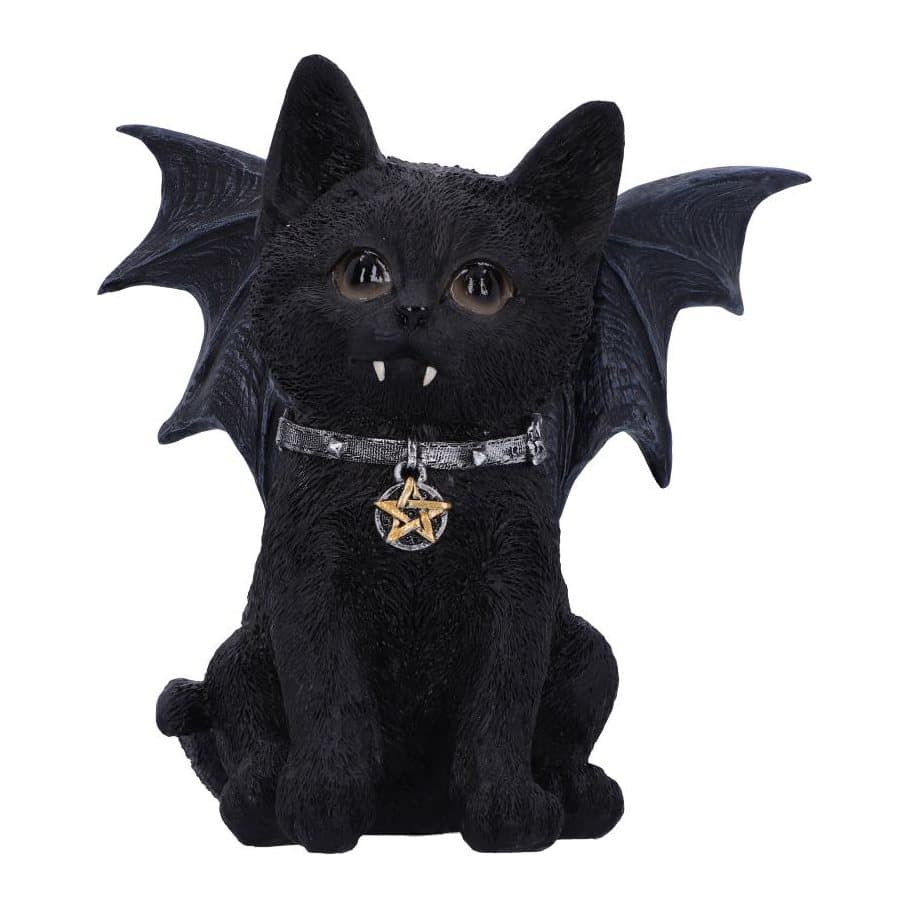 Black vampire cat figurine with bat wings and fangs