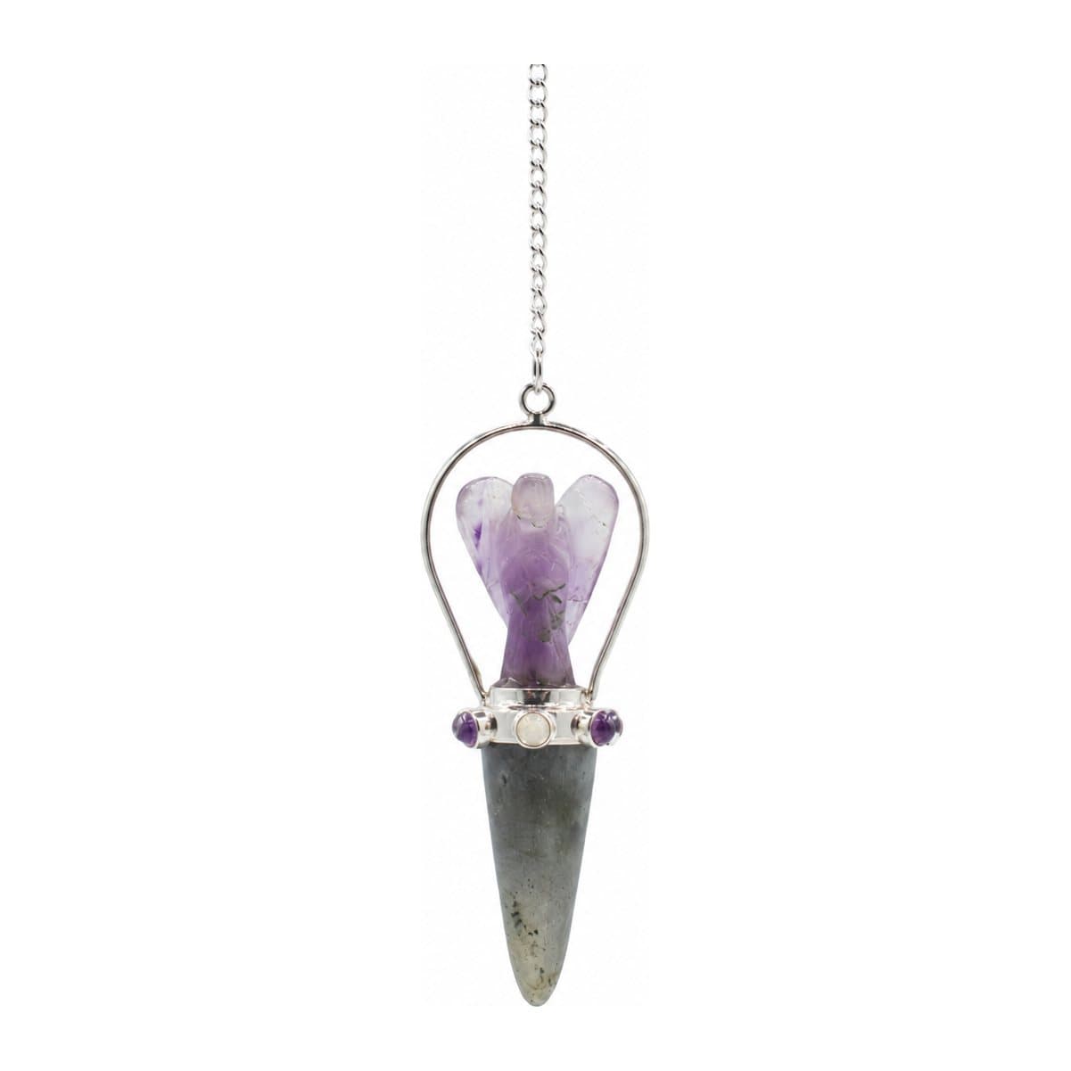 Veilwalker pendulum with a carved amethyst angel and polished labradorite point