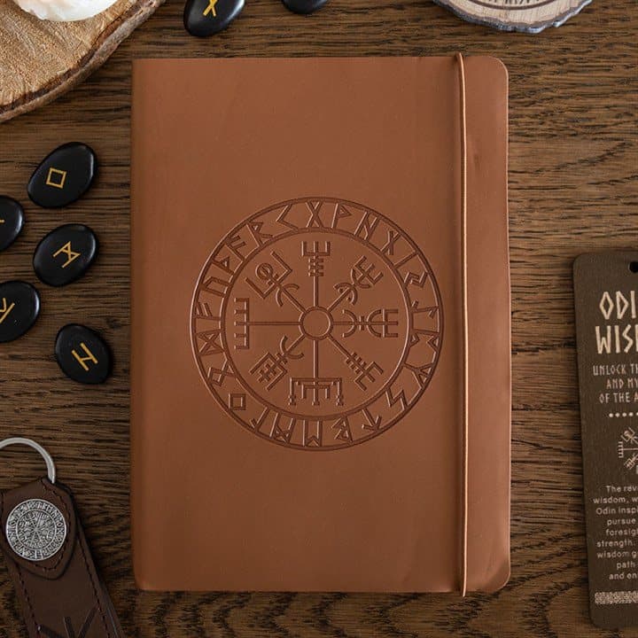 A5 faux leather journal embossed with the Vegvisir compass, with a matching pen