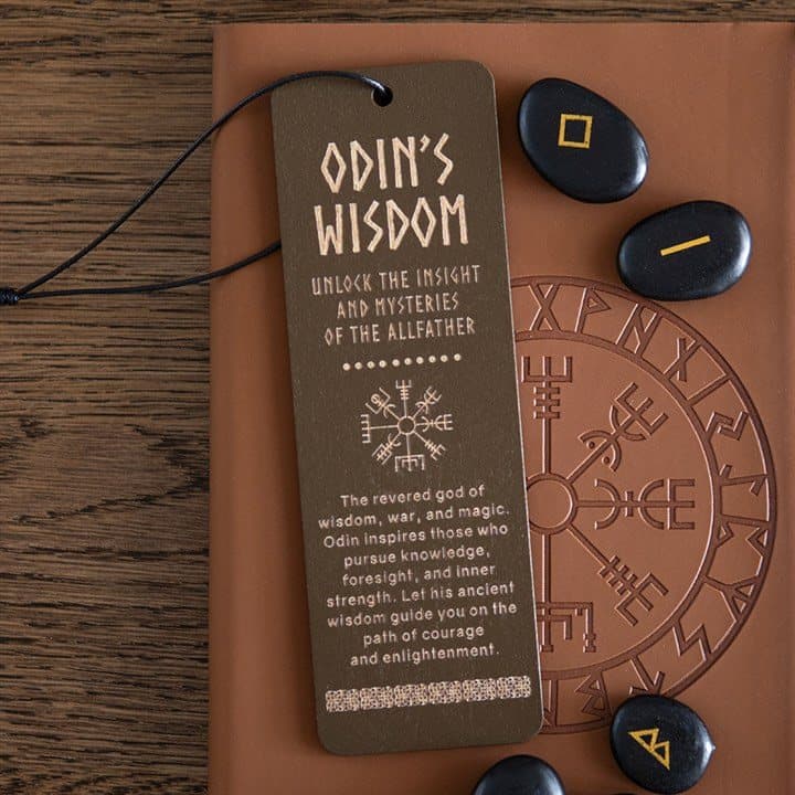 Wooden bookmark with a vegvísir symbol and Viking words of wisdom