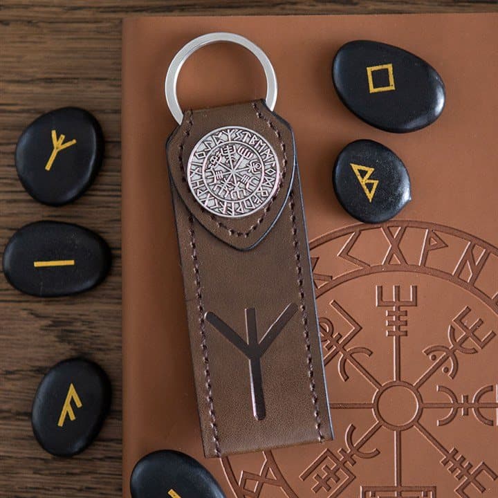 Viking Algiz rune keyring with metal compass on a faux leather tab