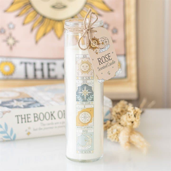 Rose-scented tube candle with a vintage tarot card design