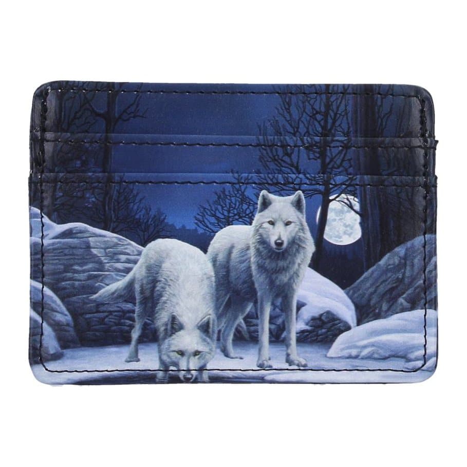 Card holder with two white wolves in a snowy moonlit forest