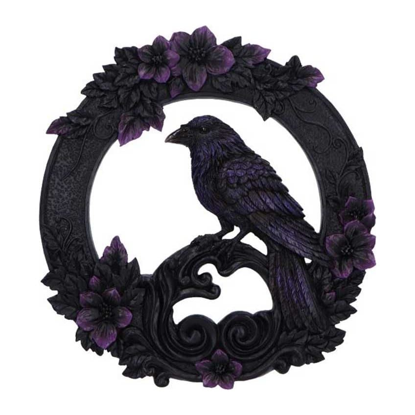Circular wall hanger with purple and black raven and matching flowers