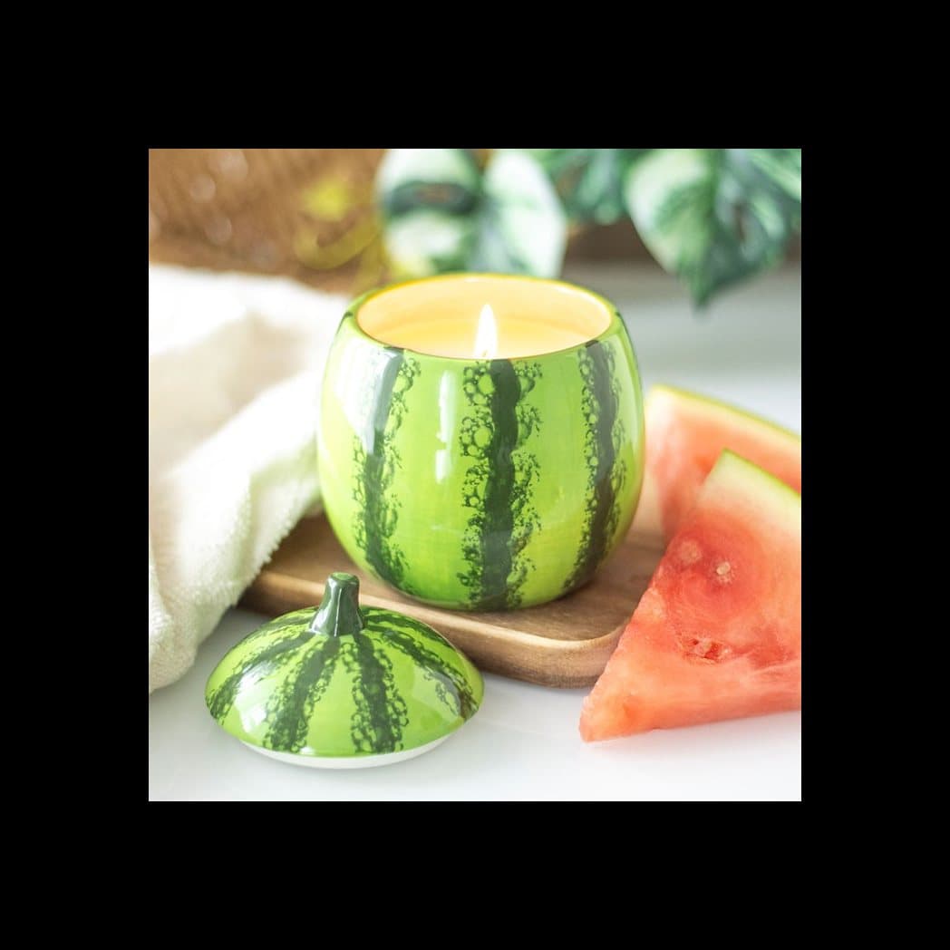Ceramic scented candle jar shaped like a watermelon
