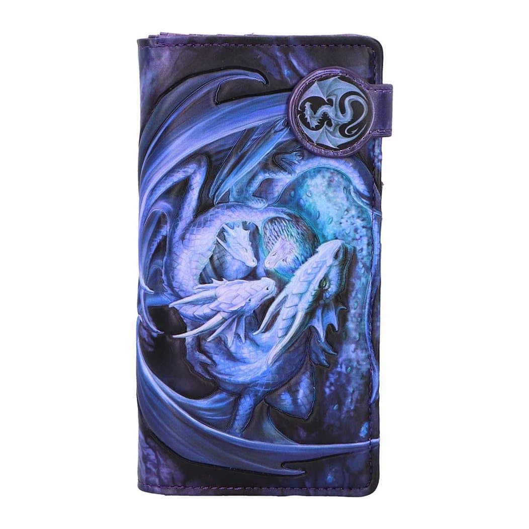 Embossed purple dragon purse with baby blue dragons and a blue dragon stud