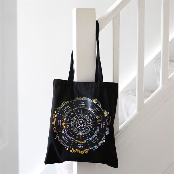 Polycotton tote bag with a colourful Wheel of the Year design