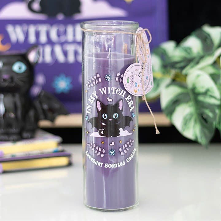 Lavender tube candle decorated with a bat-winged black cat