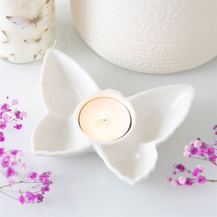 White ceramic butterfly tealight candle holder