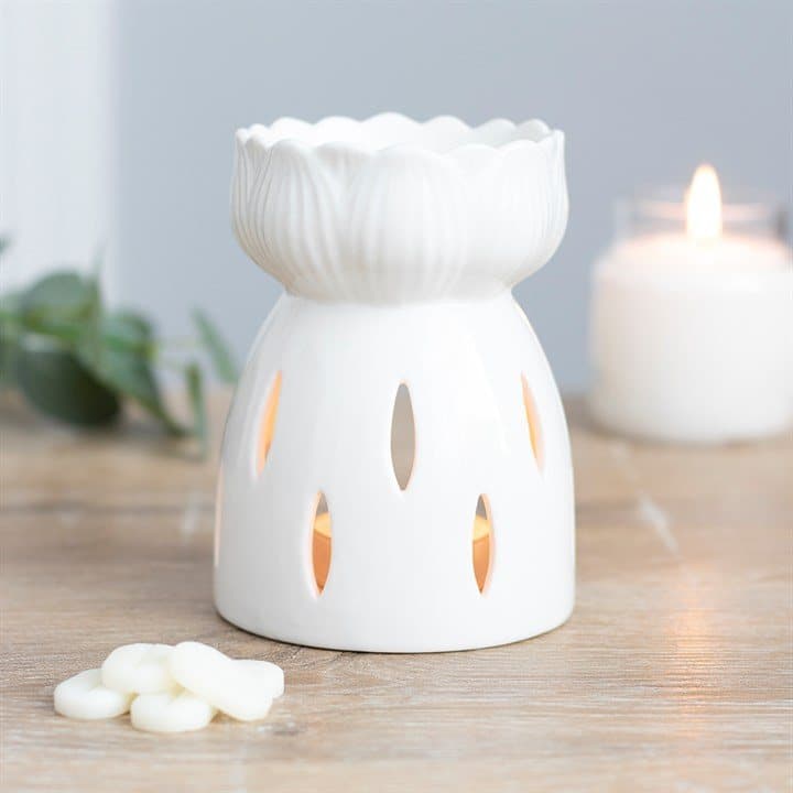 White gloss ceramic lotus flower oil burner with cut-out details